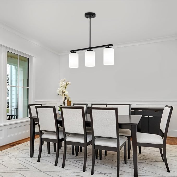 Modern Kitchen Island Lighting Black Dining Room Light Fixtures | 3-Light Linear Chandelier Over Table, 21.25'' Island Lights for Kitchen White Frosted Glass Shades, Adjustable Height - Image 2