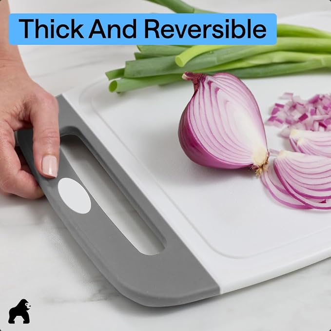 GORILLA GRIP BPA-Free Reversible Kitchen Cutting Board Set of 3, US Designed, Nonporous, Juice Grooves Catch Liquid, Slip Resistant Border, Dishwasher Safe, Durable Large Food Chopping Boards, Gray - Image 7