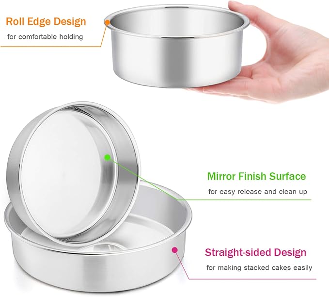 E-far Cake Pan Set of 3 (4 inch/6 inch/8 inch), Stainless Steel Small Round Layer Cake Baking Pans, Perfect for Tier Smash Cake, Non-Toxic & Healthy, Mirror Finish & Dishwasher Safe - Image 3