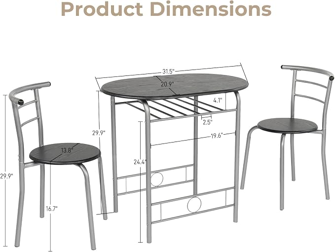 VINGLI 3 Piece Dining Set,Small Kitchen Table Set for 2,Breakfast Table Set,Kitchen Wooden Table and 2 Chairs for Small Space/Dining Room/Apartment,Metal Frame,Wine Rack,Sliver&Black - Image 6