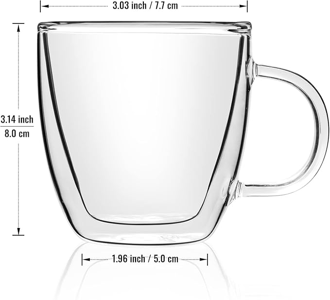 Double Wall Glass Coffee Mugs 5oz / 150ml, Set of 2 Insulated Mugs with Handles, Stylish Tazas de Cafe Con Estilo