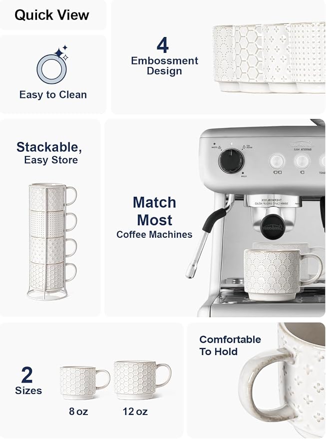 LE TAUCI Stackable Coffee Mugs Set with Stand, Ceramic Embossment Coffee Cups for Au Lait, Cappuccino,Latte,Cafe,Mocha,Tea, Suit For Housewarming Wedding - 12 oz, Set of 4,Arctic white - Image 4