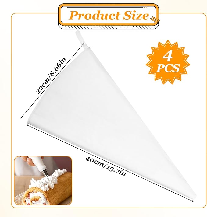 4PCS Reusable Piping Bags - Large Cotton Icing Frosting Bags for Dessert & Candy Artistry, Pastry Essential Baking Supplies, Holiday Cake Decorating Kit Chocolate & Cookie Accessories - 16Inch
