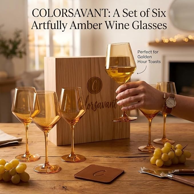 Amber Wine Glasses Set of 6 – 16oz Handblown Brown Wine Glasses for Home Dining, Parties & Gifts - Image 2