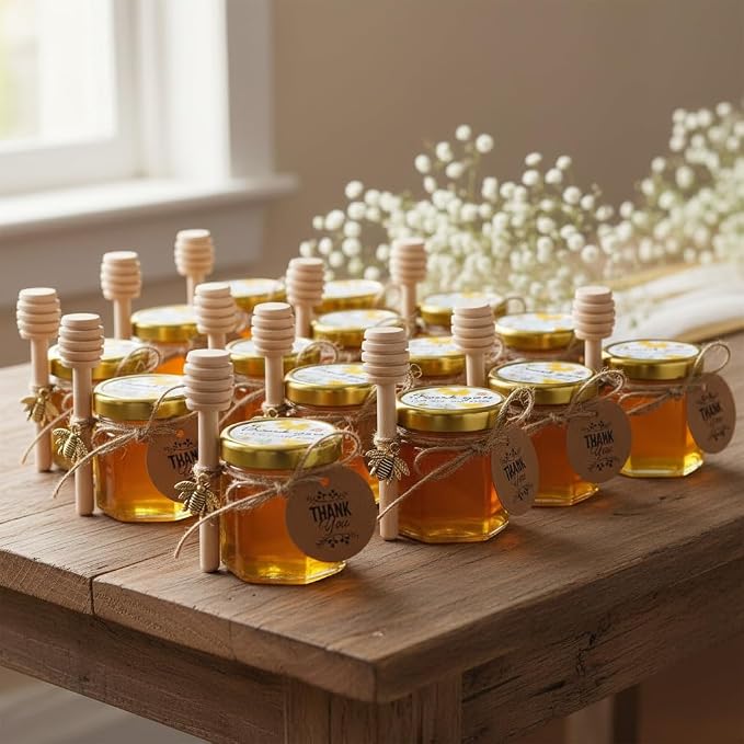 Adabocute 20 Pack Mini Honey Jars with Dipper - Mini Honey Jars for Baby Showers & Wedding Gifts - Gold Lids, Bee Pendants, Jutes and Gift Bags - Image 5