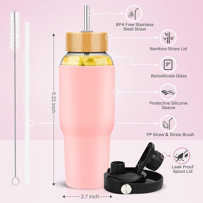 PROBTTL Glass Water Bottles, 1 Liter Glass Tumbler, Borosilicate Water Bottle with Straw, Silicone Sleeve, 2 Lids - Handle Spout & Bamboo Straw Lid, Fits Car Cup Holder (Pink, 40 Ounces)