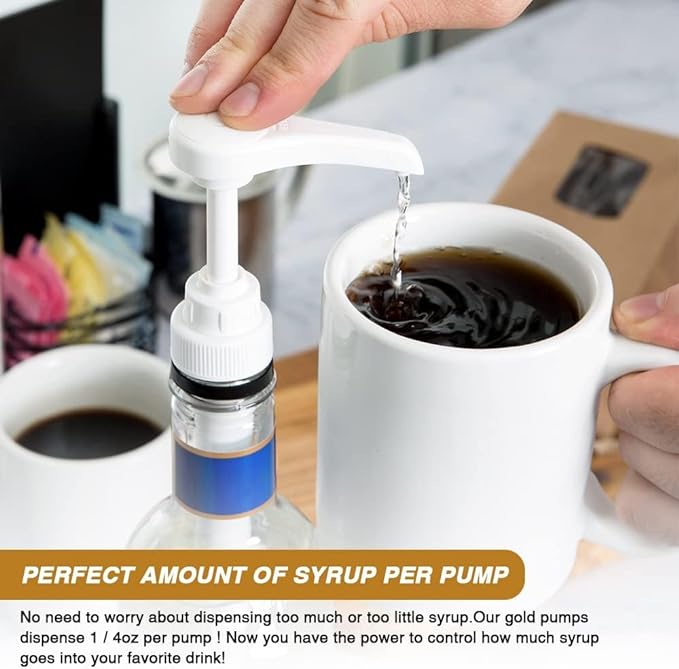 50 Pcs Gold Coffee Syrup Pump Dispenser, Compatible with 25.4 Oz/750 ml Bottles Squirt Syrup Pump Bulk Great for Home & Coffee Bar Drinking Mixes, Tea, Beverage, Cocktails, Plus Spoons