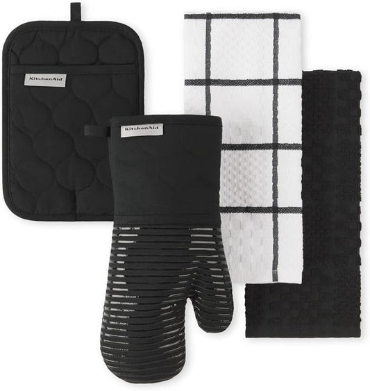 KitchenAid Quilted Cotton Terry Cloth Oven Mitt, Pot Holder, Kitchen Towel 4-Pack Set, Heat Resistant, Silicone Grip, Gift Set, Matte Black, 16"x26", 7"x13" & 7"x10" by KitchenAid