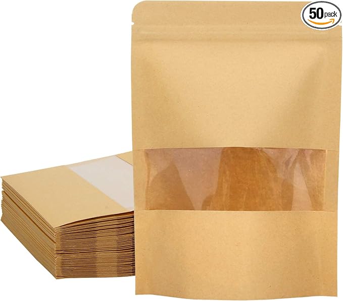 50 Pack Kraft Paper Resealable Bags with Clear Window (6 X 8.6 Inches) | Heat Sealable Stand Up Pouch Bags with Tear Notches for Small Business, Spices, Granola Storage by Blisstime
