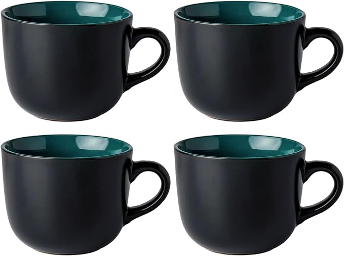 GBhome Jumbo Soup Mugs with Handles, 24 Oz Large Coffee Mugs Set of 4 | Ceramic Soup bowls for Soup Cereal Snacks Salad Noodles Cups, Microwave safe - Matte Black, Green Inside by GBhome