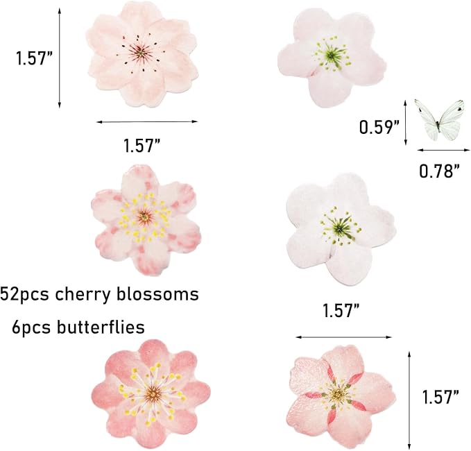 58 PCS Edible Cherry Blossoms Butterfly Cupcake Toppers Flowers Cake Decorations Wafer Paper Flowers Cupcake Topper for Baby Shower Kids Birthday Party Decorations Supplies Colorful - Image 3