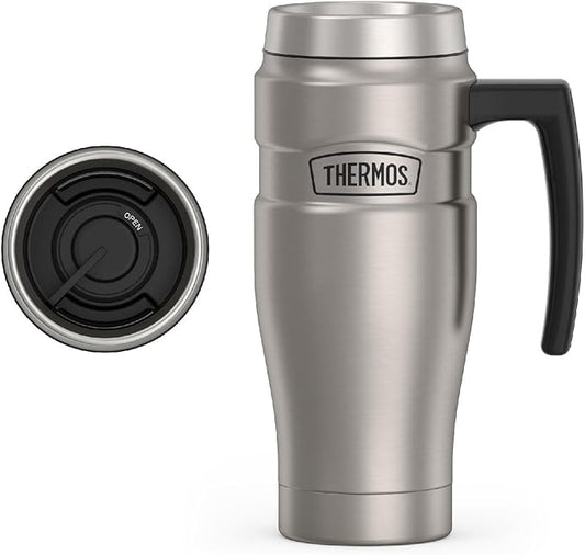 THERMOS Stainless King Vacuum-Insulated Travel Mug with Handle - 16oz, Matte Steel - Thermos Tumbler for Hot & Cold Drinks - Leak-Proof & Sweat-Proof Stainless Steel Coffee Mug with Lid for Commuting by Thermos