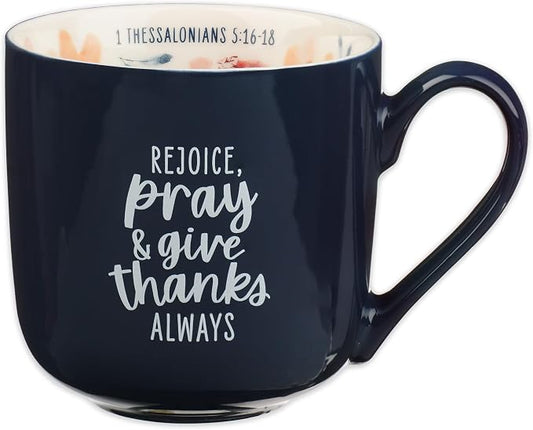 Christian Art Gifts Large Inspirational Ceramic Coffee & Tea Scripture Mug for Women: Rejoice, Pray & Give Thanks Encouraging Bible Verse, Microwave/Dishwasher Safe Cup, Navy & White Multicolor Floral by ChristianArtGifts
