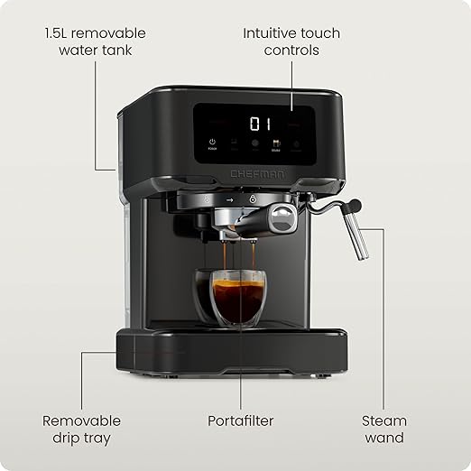 Chefman CraftBrew Espresso Machine, 15-Bar Pump Digital Espresso Maker w/Steam Wand for Latte & Cappuccino, Compact Espresso Coffee Machine w/ 1.5L Removable Water Reservoir - Stainless Black - Image 6