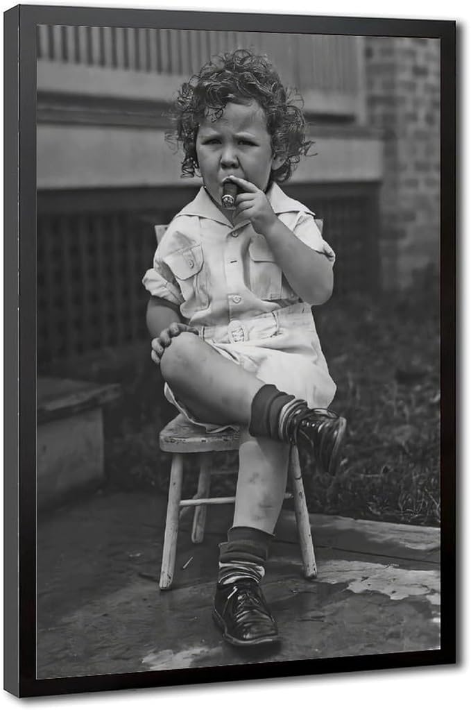 UXCBIA Little Boy Smoking A Cigar, Black And White, Vintage Photo, Oddities, Funny Poster Canvas Poster Bedroom Decor Sports Landscape Office Room Decor Gift Black Frame 24x36in(60x90cm) by Unknown