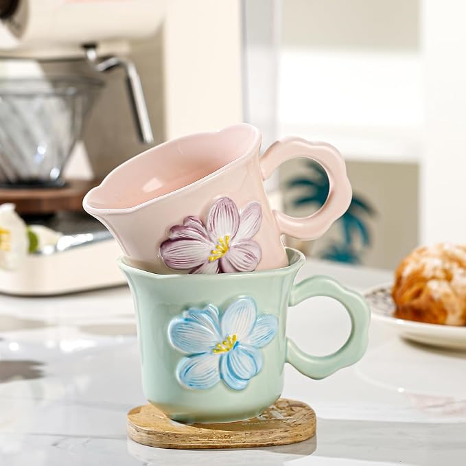 Cute Floral Coffee Mug Set of 4-12oz Ceramic Flower Embossed Cups with Petal Handles, Dishwasher and Microwave Safe - Image 6