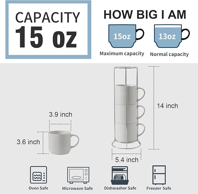 Hasense Coffee Mugs Set of 4 with Stand, 15 oz Porcelain Stackable Coffee Cups Set with handle for Tea, Latte, Milk and Cappuccino, White Embossed Tea Cups Set with Geometric Pattern for Men and Women - Image 3