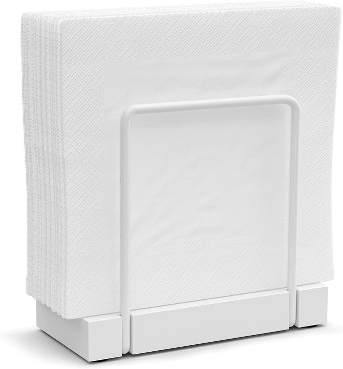Wican Napkin Holder for Table, Bamboo Iron Standing Napkin Dispenser | Kitchen Dining Table Farmhouse Cocktail Picnic Bar Rustic Wood Holders, Mail Bills, Suitable All Dining Room Decors, White by Wican
