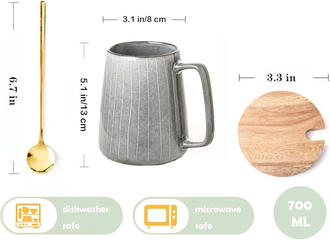 Large Ceramics Coffee Mugs,with Spoon and Wooden Lid,for Coffee,Tea,Cocoa,Large Handle Design,Microwave Dishwasher Safe (Gray Set) - Image 2