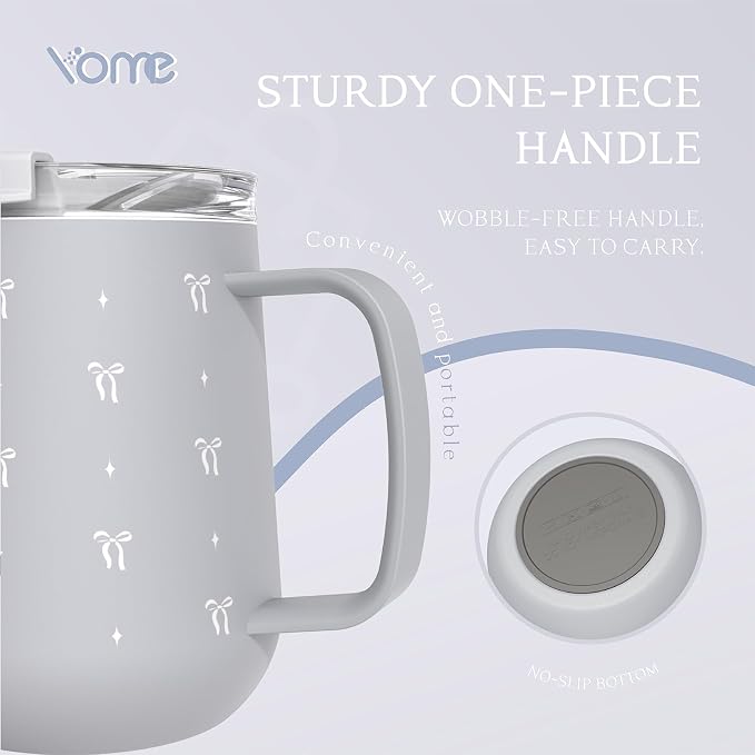 YOME 10oz Bow Grey Insulated Coffee Mug with Handle for Women | Ceramic Lined Coffee Mug with Splash-Resistant Lid| Pure Taste Stainless Steel Coffee Cup | Easy to Clean | Keeps Drinks Cold - Image 6