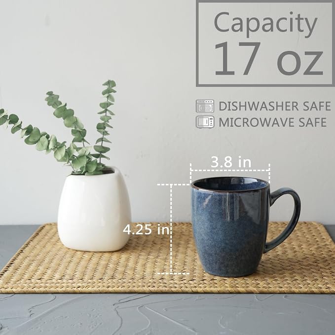 Bosmarlin Ceramic Coffee Mug Set of 4, 17 Oz, Coffee Cups with Big Handle, Microwave Safe, Unique Reactive Glaze (Deep Blue, 17 Oz) - Image 2