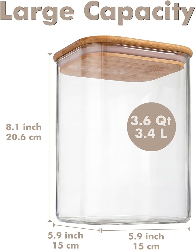 3.4Qt Large Glass Flour Sugar Storage Container with Bamboo Lid | Wide Mouth Design, With Measuring Cup, Minimalist Kitchen Organizer,Scandinavian Style Storage,Nordic Style Storage - Image 2
