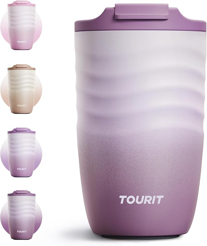 TOURIT 12 oz Travel Coffee Mug, Vacuum Insulated Stainless Steel Tumbler with Ripple-Wave Anti-Slip Grip, Built-in Silicone Bottom for Quiet & Stable, Leak-Proof Lid, Fits Car Cup Holder, Mist Purple by TOURIT