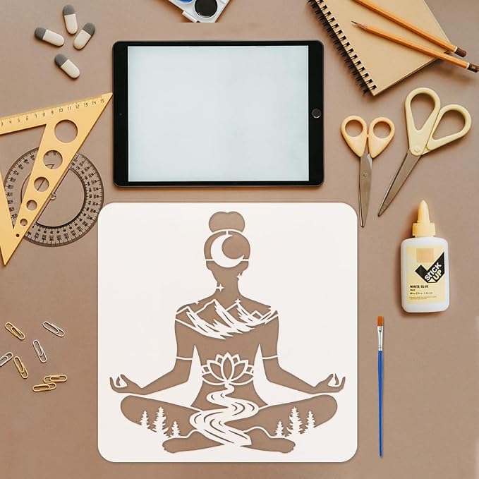 FINGERINSPIRE Yoga Stencil with Paint Brush 11.8x11.8inch Reusable Yoga Pose Stencil Mountains Lotus Flowers Woods Pattern Template Yoga with Natural Scenery Template for Painting on Wood Wall - Image 3