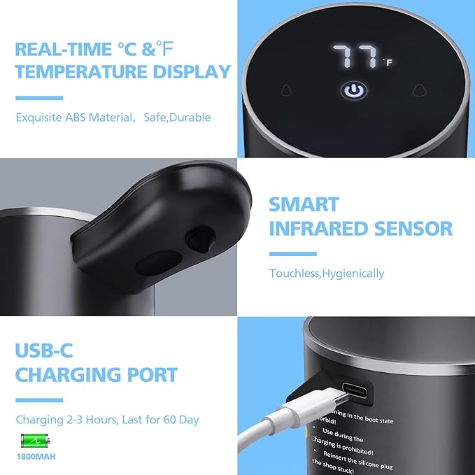 Automatic Foaming Soap Dispenser Touchless, 15.55 oz/460mL USB C Rechargeable Hand Sanitizer Dispenser with Auto Clean, 5 Adjust Volume,°C&℉ display, Waterproof Pump for Bathroom Kitchen (Black)