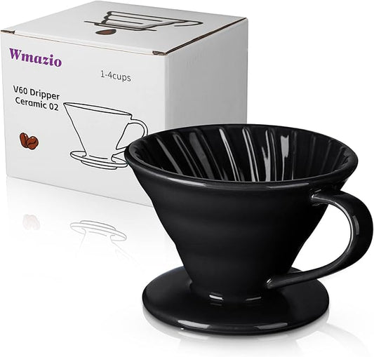 Pour Over Coffee Dripper - Ceramic Pour Over Coffee Maker Cone, Porcelain Coffee Drip, Pour Over Single Cup, Manual Brew Maker for Home, Cafe, Office - 1-4Cup, V60 Size 02 (Black)