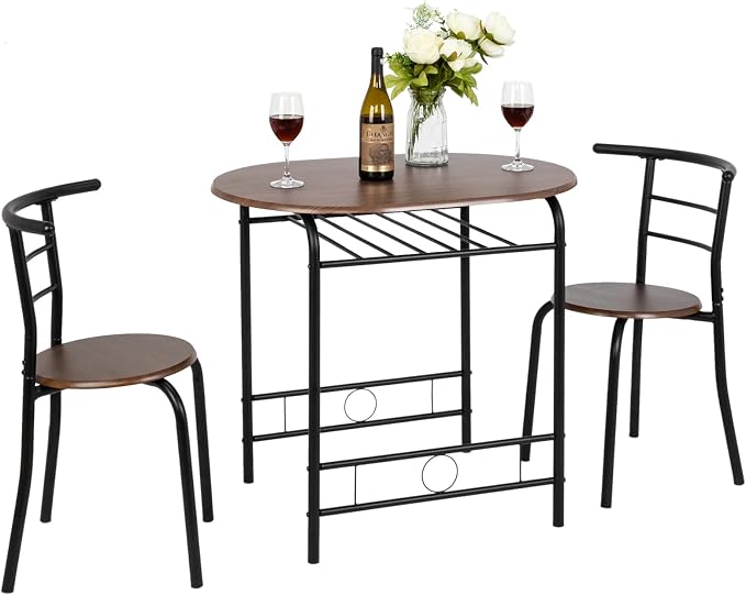 VINGLI 3 Piece Dining Set,Small Kitchen Table Set for 2,Breakfast Table Set for 2,Kitchen Wooden Table and 2 Chairs for Small Space/Dining Room/Apartment,Metal Frame,Wine Rack,Black&Walnut by VINGLI