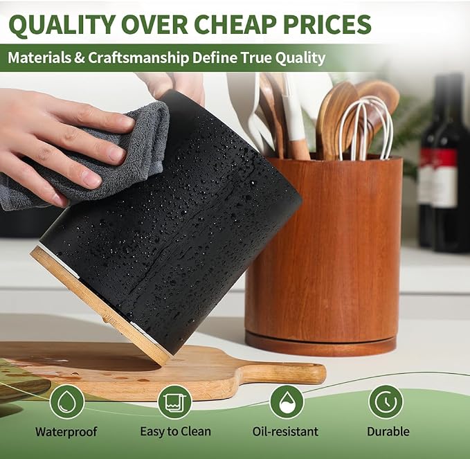 Black Utensil Holder, 360° Rotating 7.3 in Kitchen Organizer | Rustic farmhouse countertop decor. 360° rotating base holds spatulas, ladles, tongs, and cooking tools. Sleek black finish - Image 4
