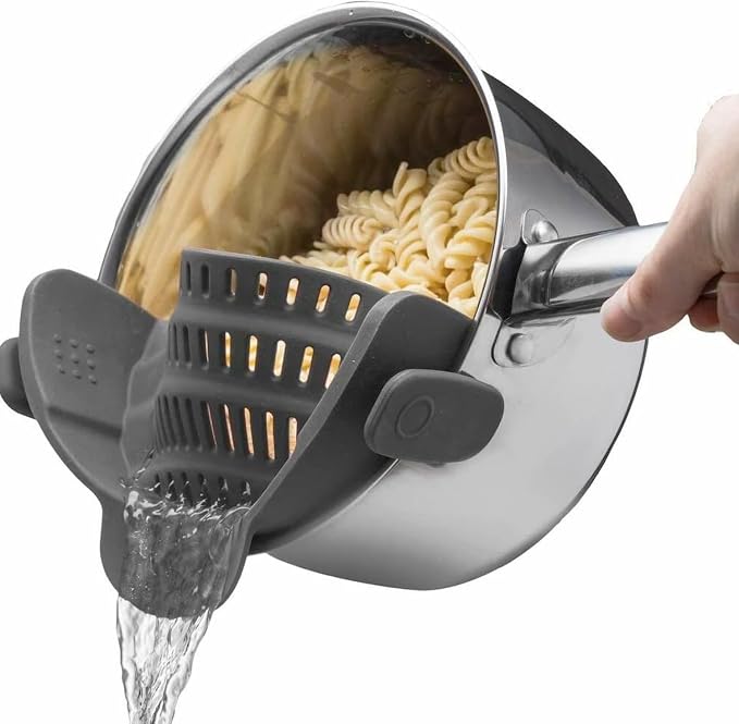 Kitchen Gizmo Snap N' Strain - Silicone Pasta Strainer Clip-On for Pots and Pans - Heat Resistant Colander for Vegetables and Noodles - Kitchen Gadgets for Cooking - Space-Saving Design - Gray by KitchenGizmo