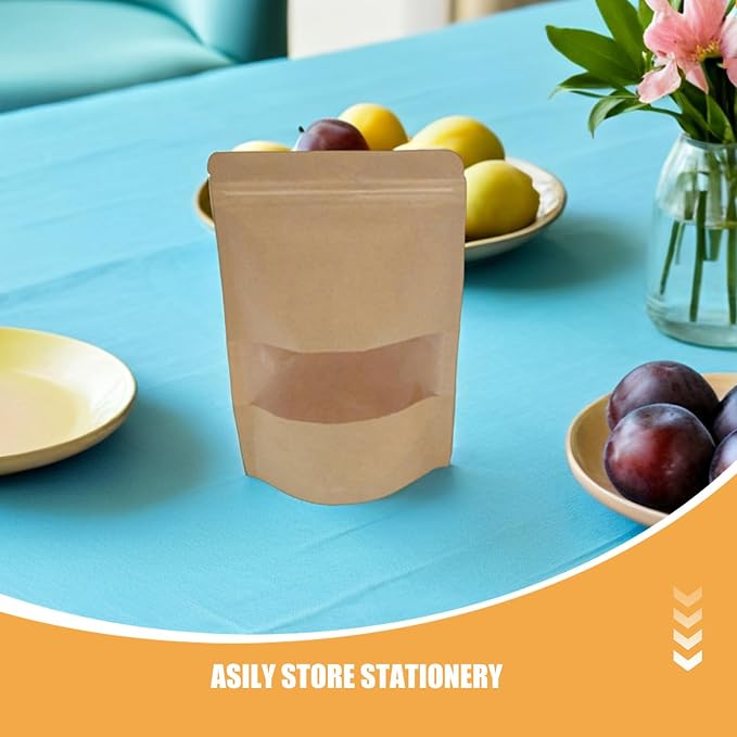 50pcs Reusable Kraft Paper Food Packaging Bags with Window and Resealable Zipper Lock, Self-standing Pouches for Snacks Nuts, for Pantry Organizing - Image 7