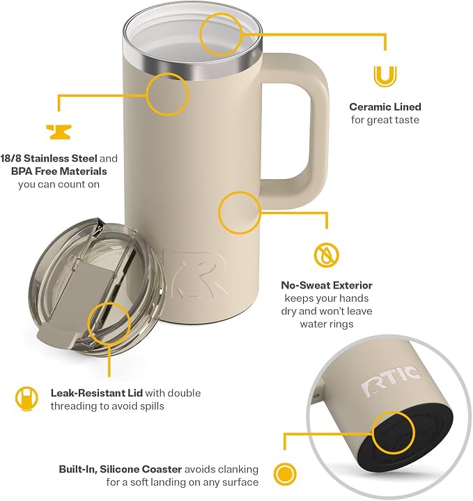 RTIC 16oz Road Trip Travel Mug with Lid and Handle, Ceramic Lined, Beach | Stainless Steel Metal, Insulated Travel Cup for Hot and Cold Drinks, Coffee, Car, Camping and Travel - Image 3
