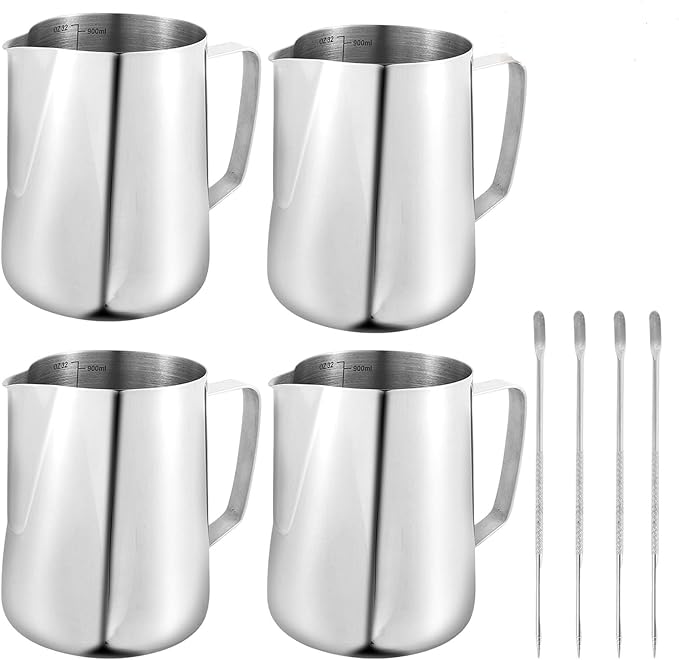 4 Pack Milk Frothing Pitcher 900ml Stainless Steel Milk Jug with Measurement Marks, 32oz Steaming Pitcher for Coffee, Cappuccino, Latte Art, Includes Art Pen, (4)