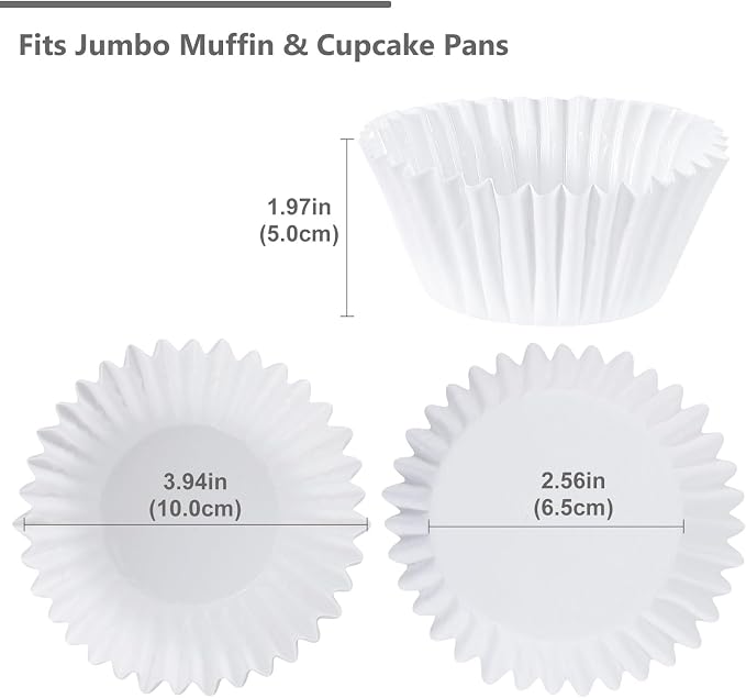 Caperci Heavy Duty Jumbo Cupcake Muffin Liners for Baking - Extra Large 100pcs Grease-Resistant White Paper Baking Cups, No Muffin Pan Needed, Odorless, Easily Peels (White) - Image 5