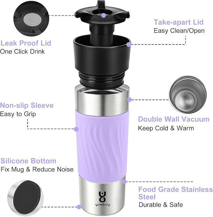 Travel Coffee Mug with 360°Lid, Travel Coffee Tumbler 16 oz Leak Proof, Stainless Steel Insulated Travel Mugs for Hot and Cold Spill Proof Leak Proof(Light Purple) - Image 7