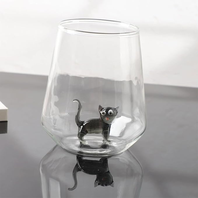 Cat Figurine Glass Cup 3D Animal Artisan Glassware Collection Handmade Cute Wine Cup Meow Garden Crystal Cat Tumbler Gothic Decorations Stemless Wineglass - Image 4