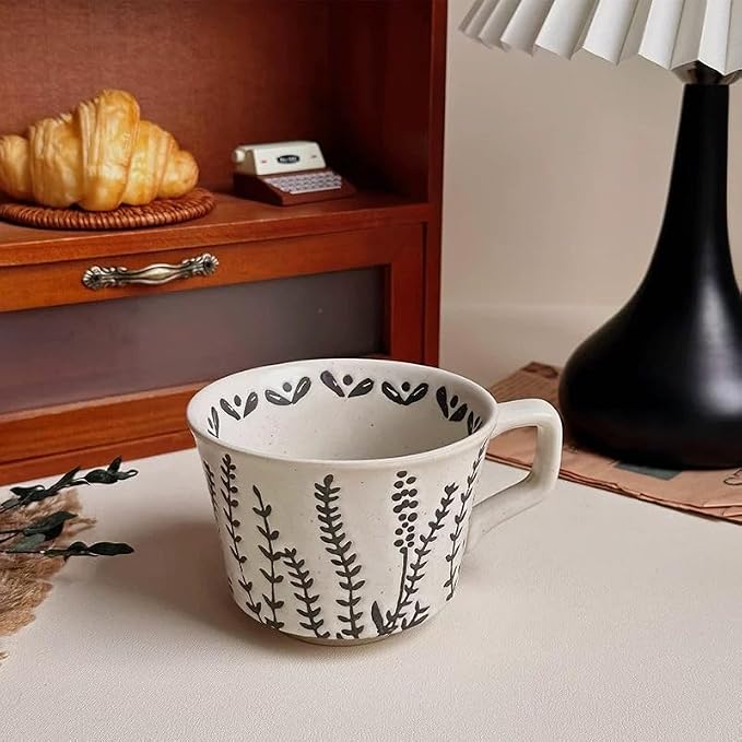 4 Pack 12oz Speckled Stoneware Coffee Mugs, Vintage Black Seaweed Botanical Ceramic Tea Cups, Rustic Hand Drawn Floral Drinking Mugs, Microwave Dishwasher Safe, Gift Set for Coffee Lovers - Image 5