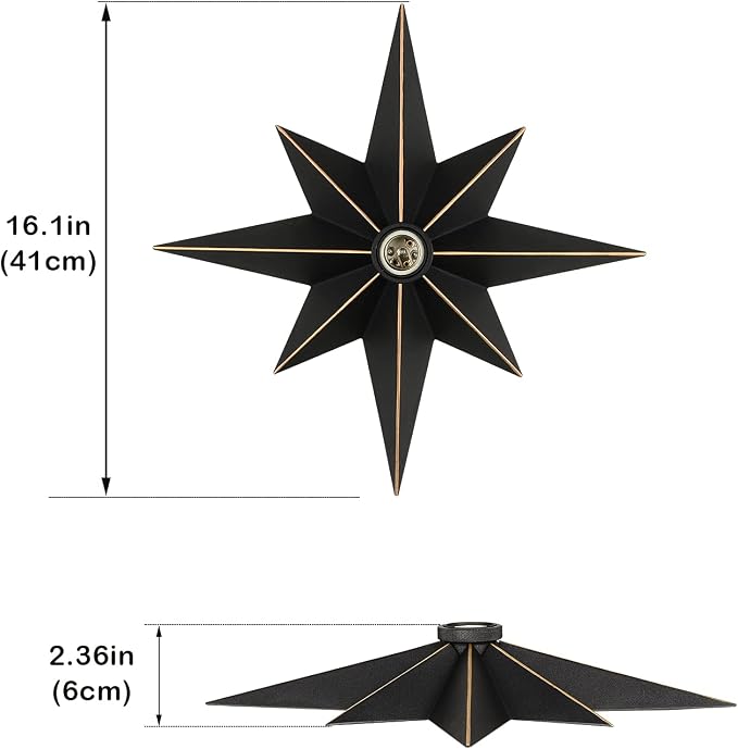 16 inch Flush Mount Ceiling Light, Industrial Black Metal Star Ceiling Lights, Vintage Entryway Light Fixtures, Farmhouse Star Lighting for Hallway, Porch, Study, Bedroom, Stair, Kitchen, Bathroom - Image 5