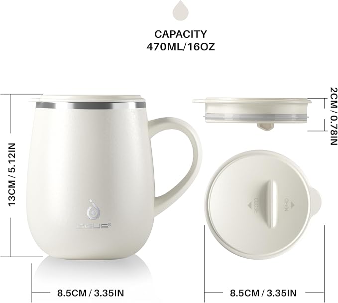 Ideus 16 oz Insulated Coffee Mug with Handle and Lid, Double Wall Stainless Steel Vacuum Thermal Coffee Mug, Travel Coffee Cup Thermal Cup for Home and Office, White - Image 5