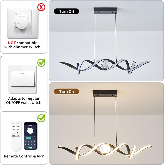ORANOOR Modern LED Pendant Lights, Dimmable 39in Spiral Wave LED Chandelier | Linear Swivel Black Dining Room Hanging Lighting Fixtures, Kitchen Island Pendant Light Chandelier for Dining Table (2340lm) - Image 8