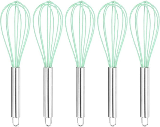 HARFINGTON 5Pcs Silicone Whisk 10" Kitchen Whisk Wire Whisks Beater with Stainless Steel Handle for Egg Milk Whisking Blending Beating & Stirring, Green
