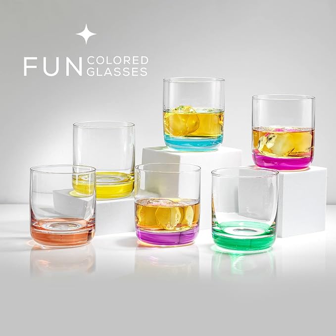JoyJolt Hue Colorful Whiskey Set of 6, 10oz Drink Glasses, Double Old Fashioned Glass, Modern Whiskey Glass Set for Bar, Low Ball Cocktail Tumbler Glasses - Image 5