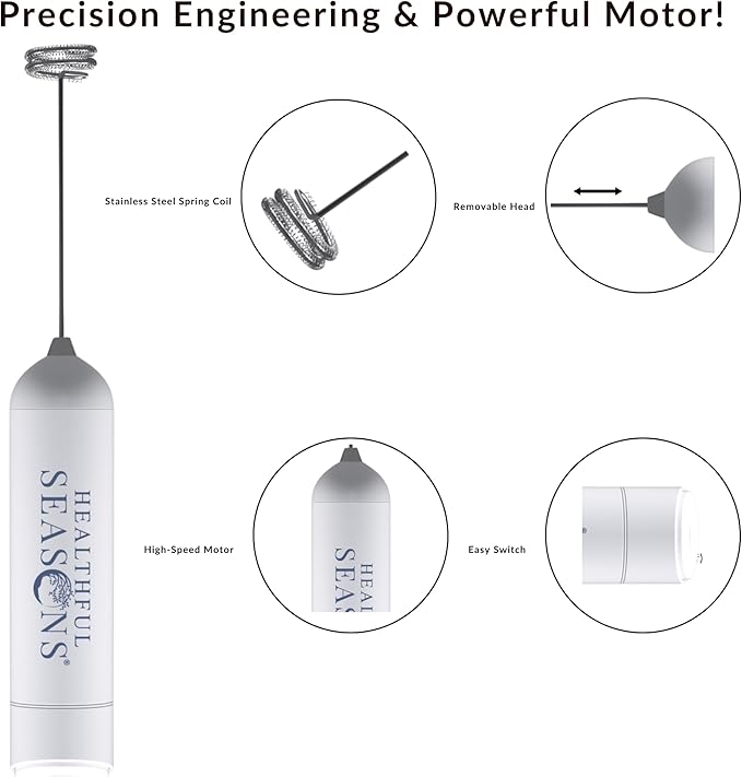 Handheld Milk Frother Wand for Coffee, Matcha, Lattes, Cappuccino, Frappe & Supplement Powders - Electric Frother with Batteries, Stainless Steel Spring Coil & High-Speed Motor