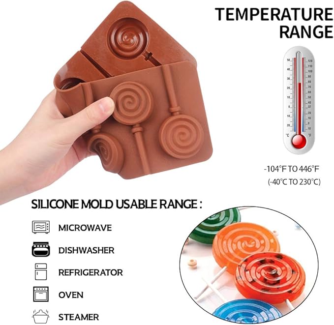 Round Silicone Mold for Lollipop Hard Candy Chocolate Cake Decorating With 24pcs Reusable Sticks Swirl Shape Set of 4