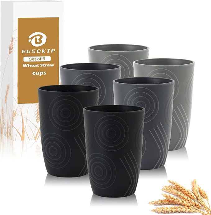 BUSOKIP12 oz Small Kids Cup, Wheat Straw Cups Sets of 6, Plastic Cups Reusable, Unbreakable Water Tumblers, Dishwasher Safe Kitchen Cup, Plastic Glasses Drinking for Camping, Party (Black, Grey) by BUSOKIP
