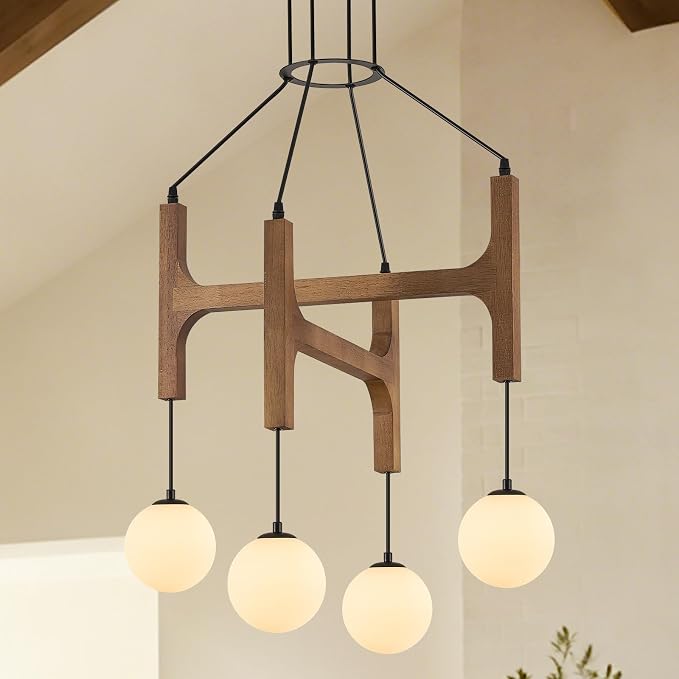Farmhouse Wooden L24'' Chandelier Rustic Oak Wood Pendant Lights Mid Century 4-Light Milk Glass Globe Pendant Chandelier for Dining Room Kitchen Foyer Entryway Bedroom, G9 by PoemoonLighting