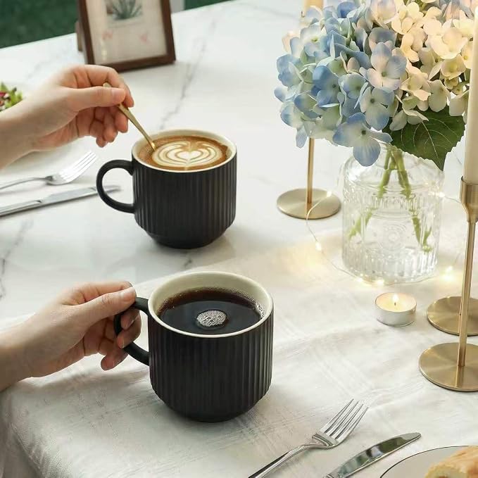 HASENSE Coffee Mug Ceramic Set of 4 with Stand, Stackable Large Latte Cups with Metal Stand, Dishwasher & Microwave Safe, Black for Cappuccino Tea Hot Cocoa - Image 8